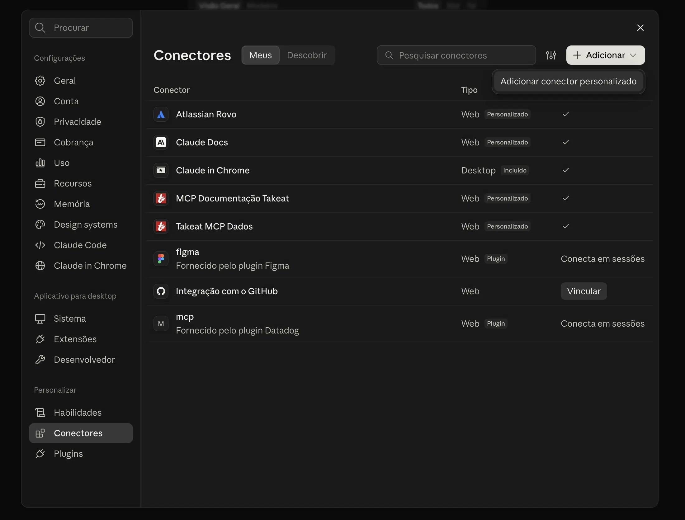 Tela de Conectores do Claude com o menu Adicionar conector personalizado aberto