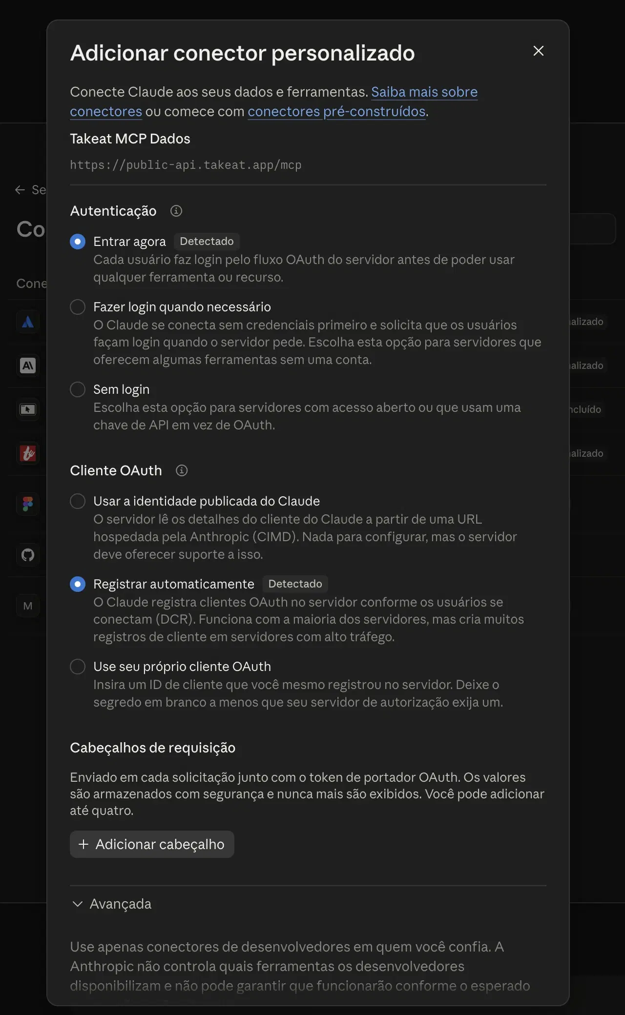 Opções de autenticação do Claude com Entrar agora e Registrar automaticamente selecionados