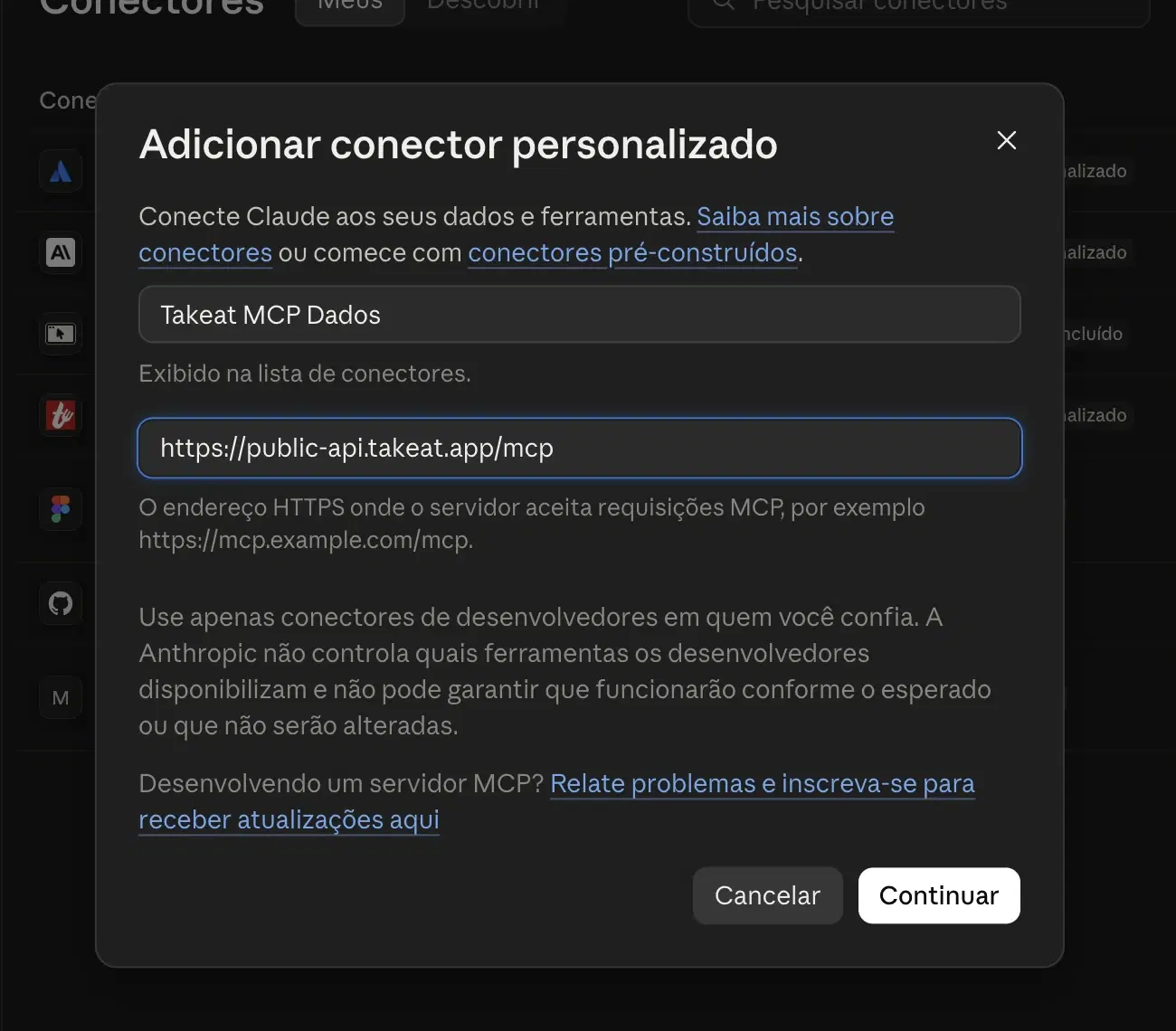 Formulário do Claude com o nome Takeat MCP Dados e o endereço do servidor MCP preenchidos
