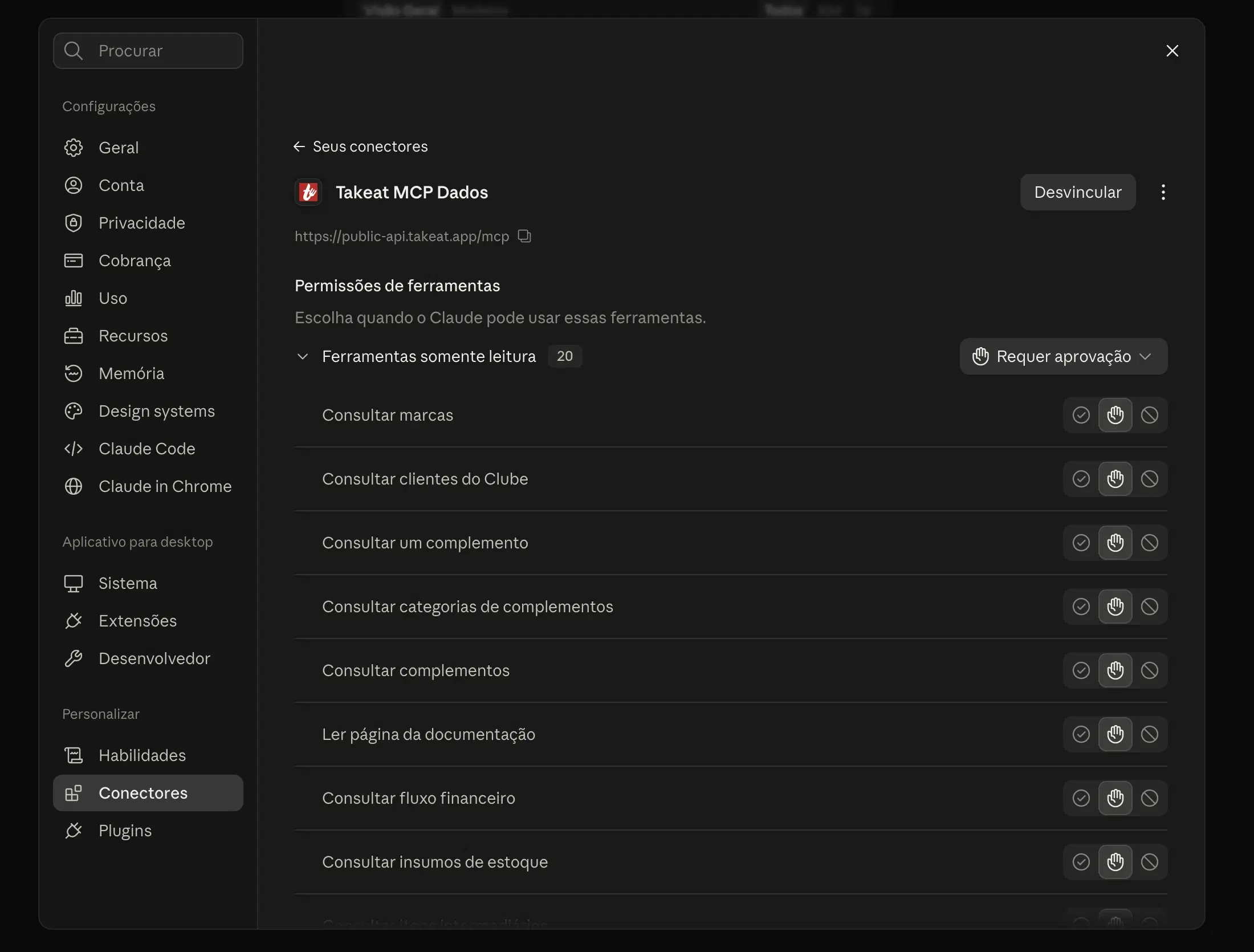 Conector Takeat MCP Dados no Claude mostrando as permissões das ferramentas de somente leitura