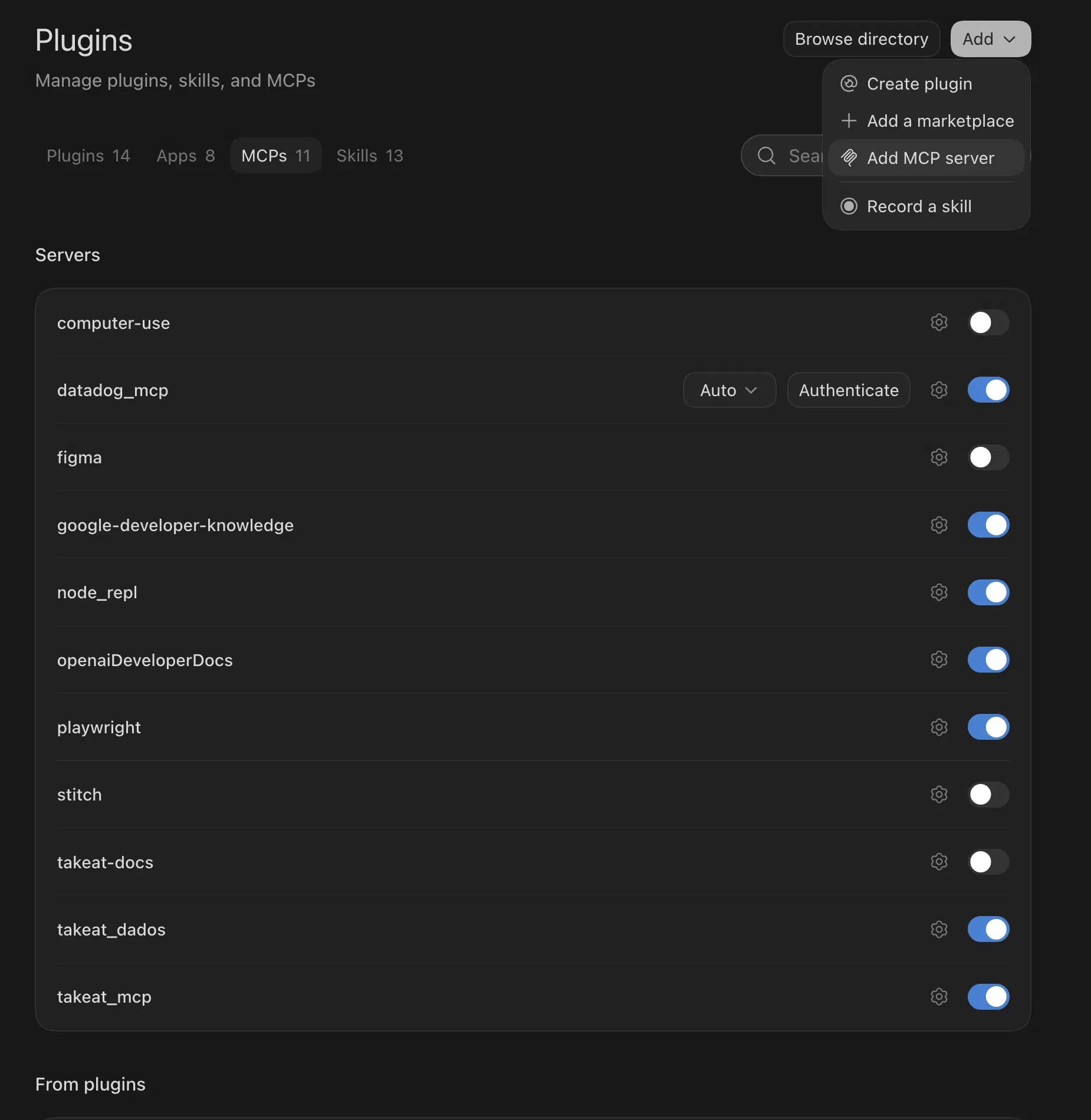 Configurações do Codex na aba MCPs com a opção Add MCP server aberta