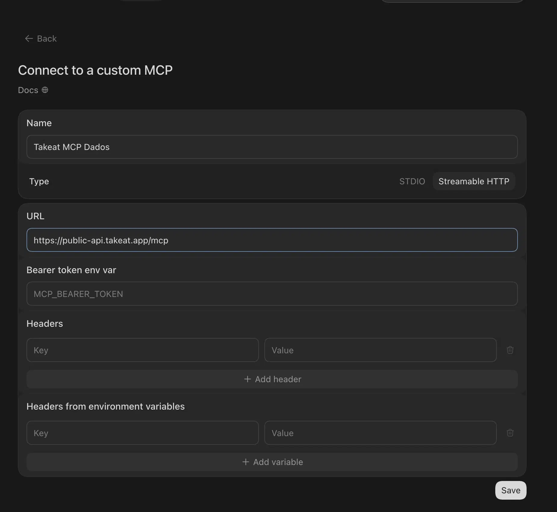 Formulário do Codex para um MCP Streamable HTTP com o endereço da Takeat preenchido